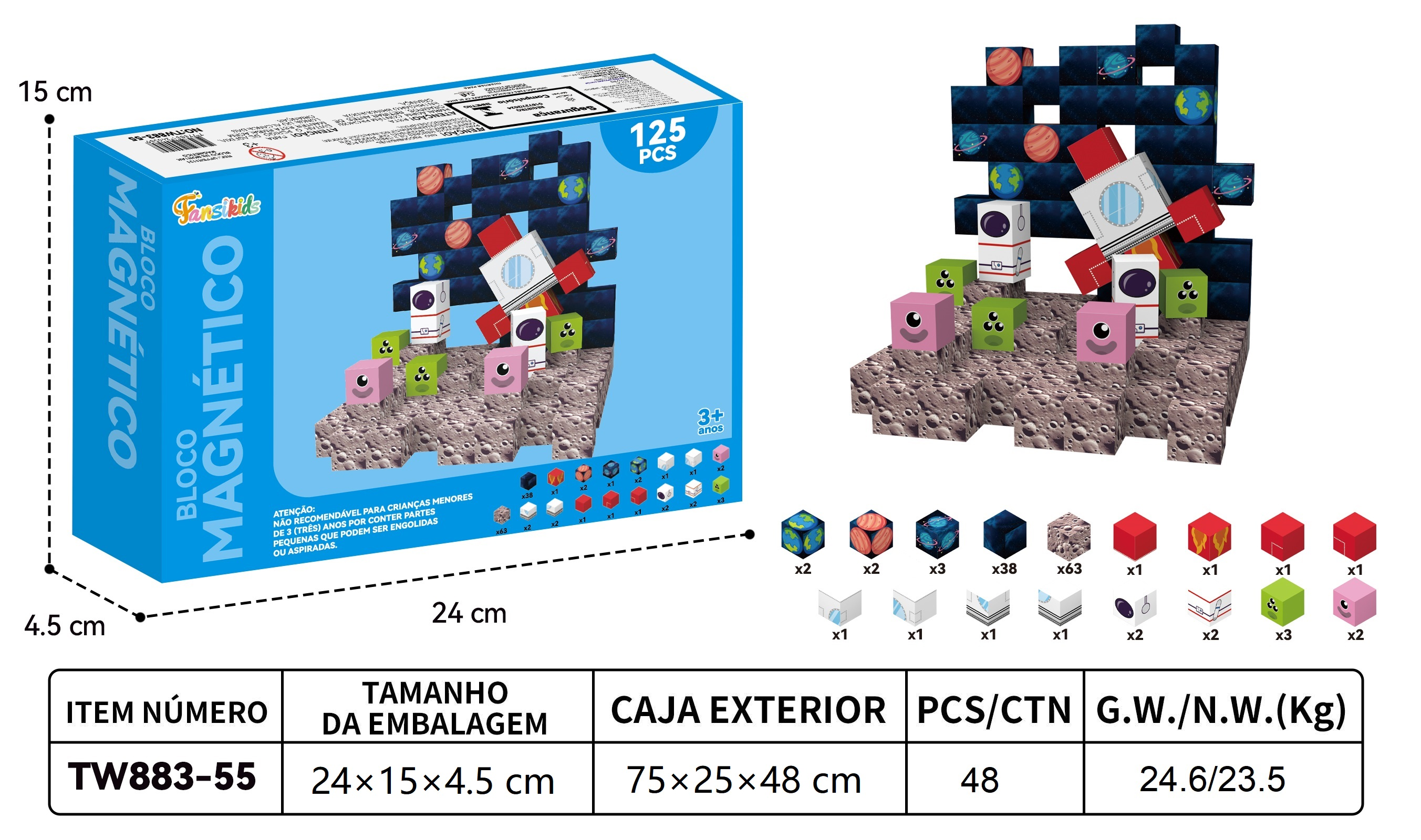 Blocos Magnéticos Cubos de Construção 125 peças – Brinquedo Educativo - TW883-55
