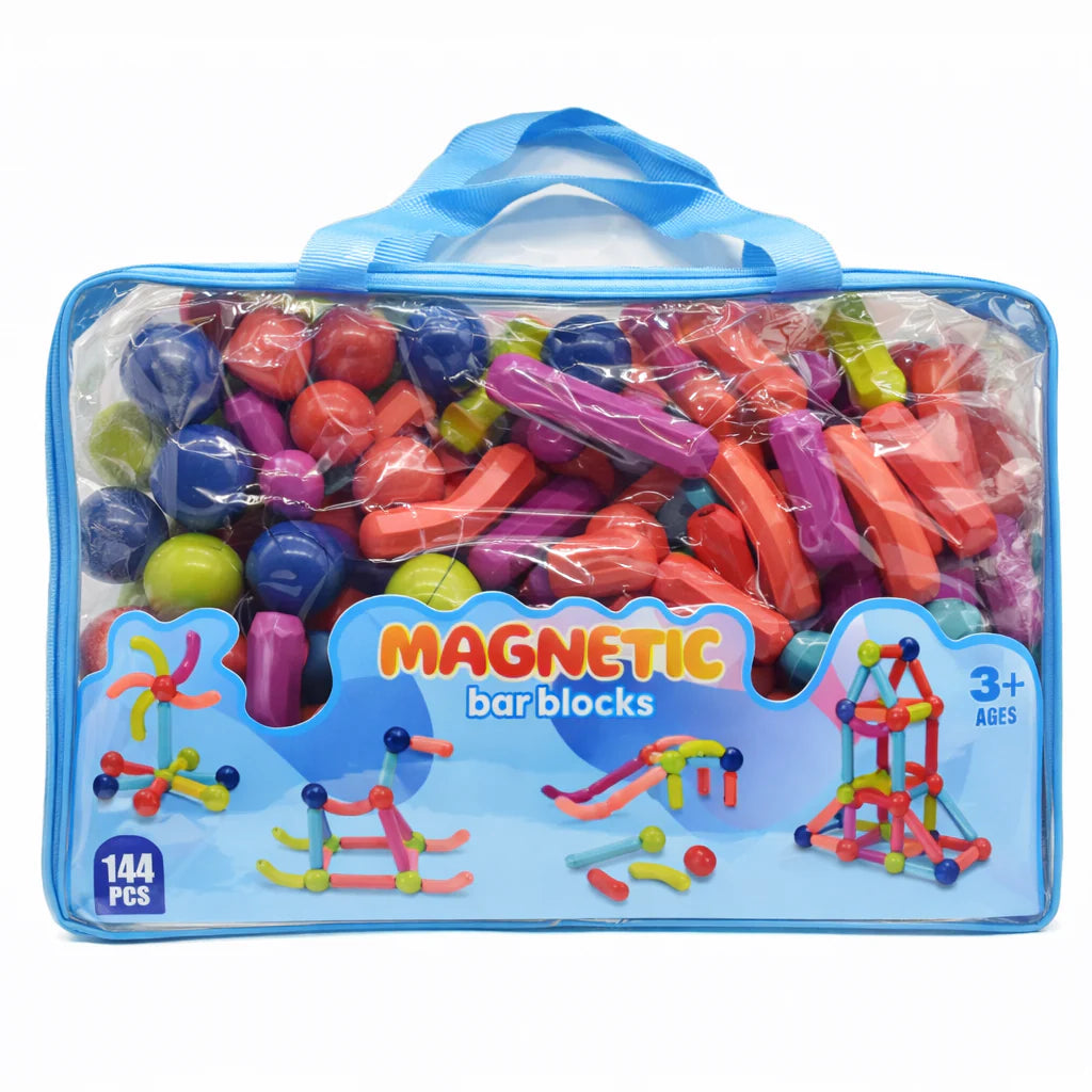 Blocos Magnéticos 144 Peças com Bolsa – Brinquedo Educativo de Montar - BJG00041/18pz