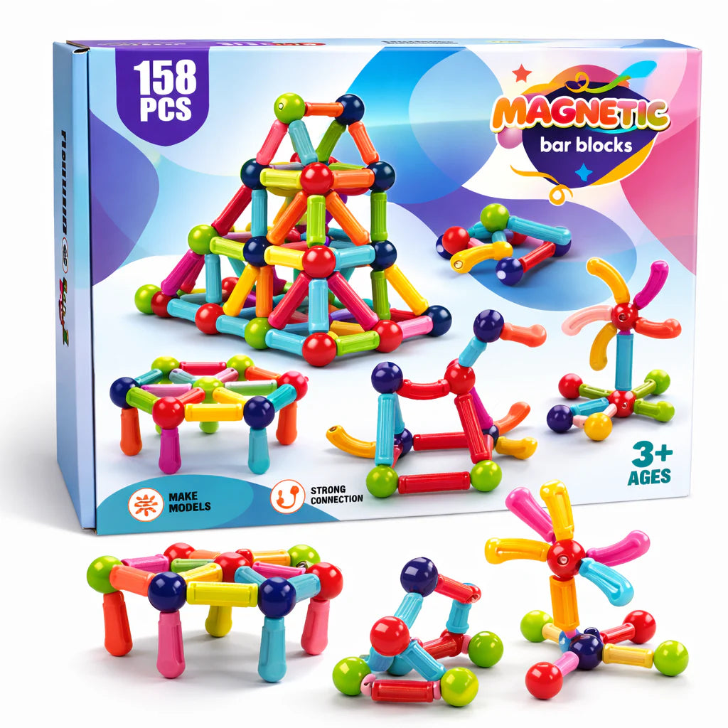 Blocos Magnéticos 158 Peças Barras e Esferas – Brinquedo Educativo de Montar - BJG00038
