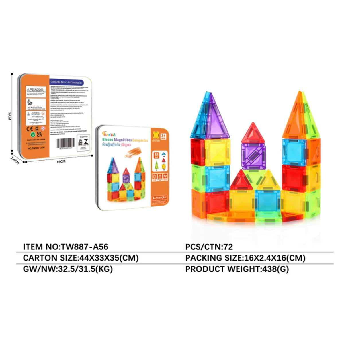 Blocos Magnéticos 3D Infantil 56 Peças - TW887-A56